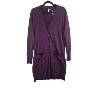NWT D‎ & Co Womens Long Line Button Cardigan Medium Purple Cozy Office Academia